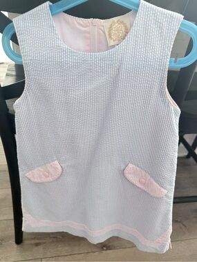 Light Blue Seersucker Girl's Dress with Pink Trim